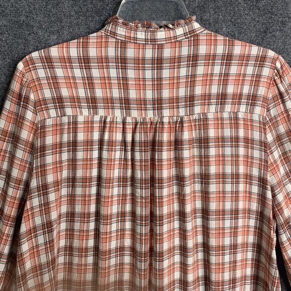 Loft Button Up Shirt Women L Ruffle Buttons & Hi Neck Orange Plaid Long Sleeve - Picture 12 of 16